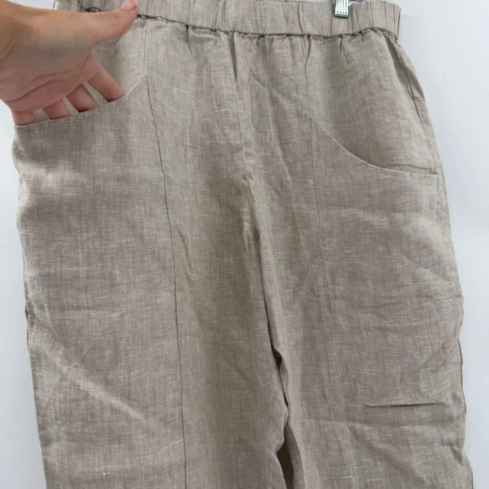 Quince 100% European Linen Tapered Ankle Pants Flax Tan Elastic Waist Large